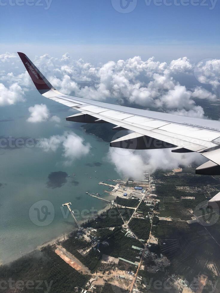 view from an airplane window. Clouds. Wing photo