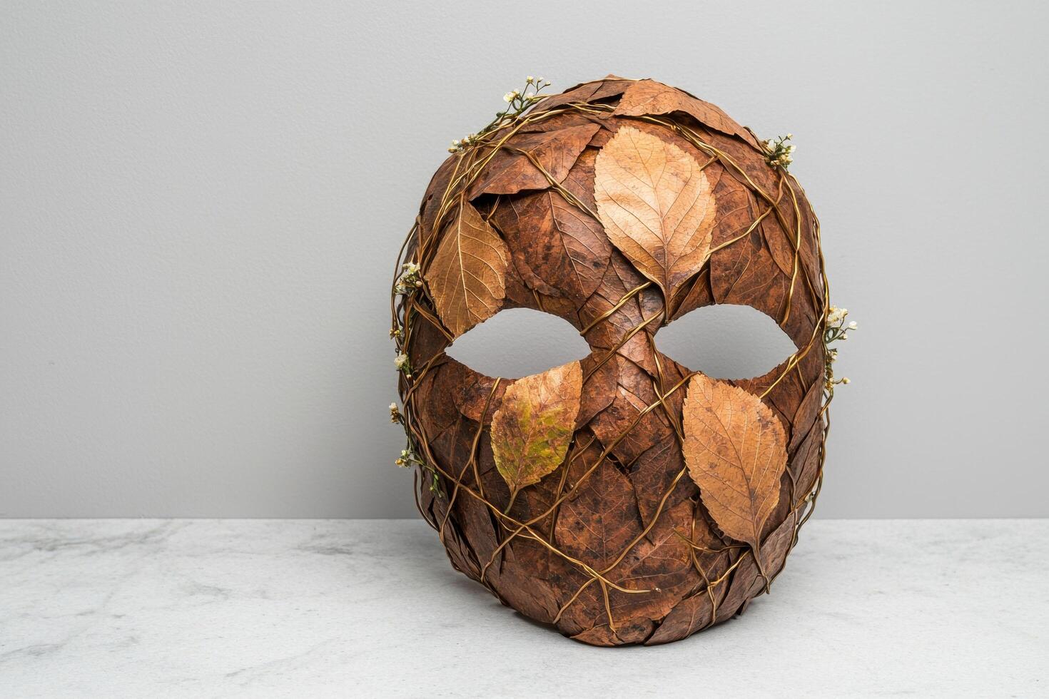 Autumn leaves mask on white background photo