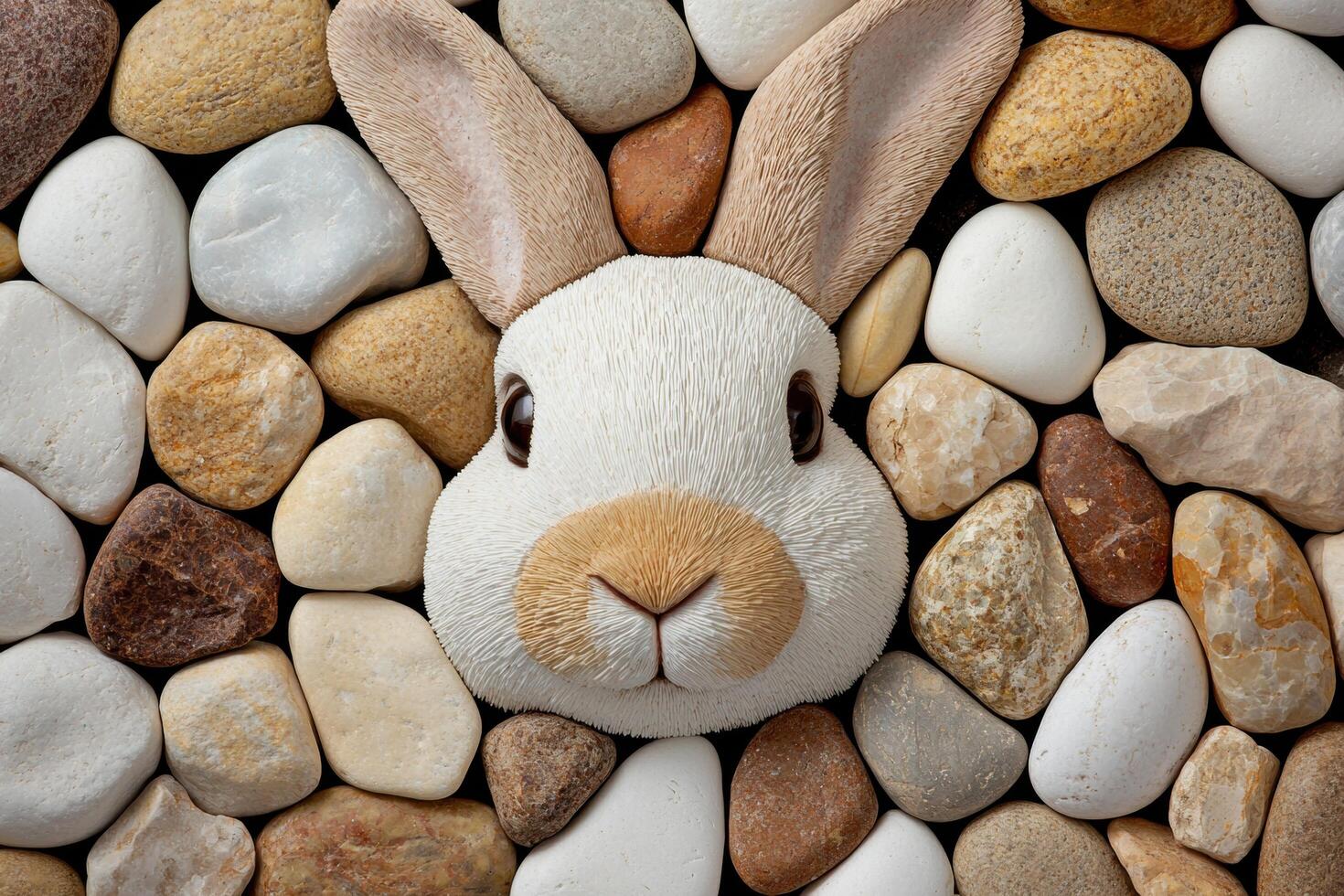 Cute rabbit face surrounded by pebbles photo