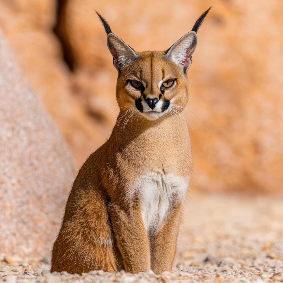 Closeup portrait of a caracal cat in the desert photo