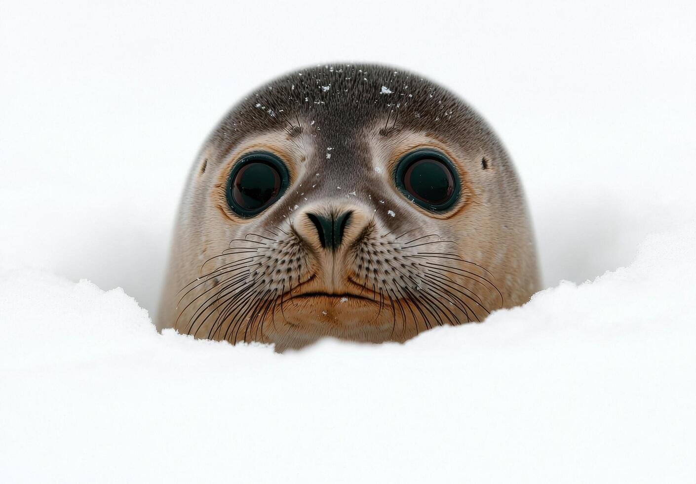 Adorable baby seal peeking out of snow photo