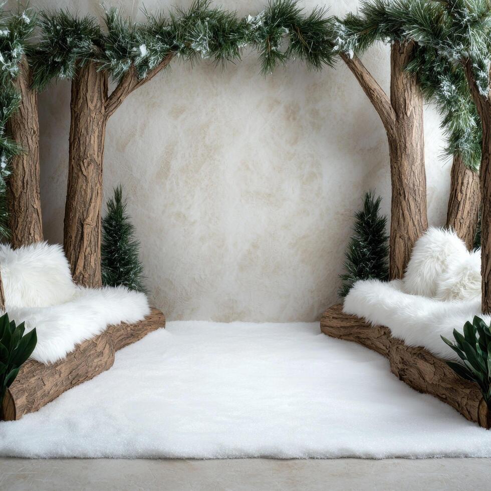 Cozy winter wonderland scene with snow covered trees photo
