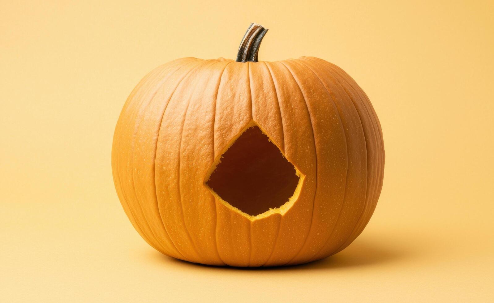 Carved pumpkin on yellow background photo