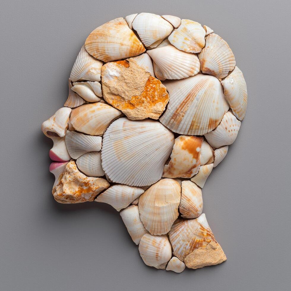 Assortment of seashells on gray background photo