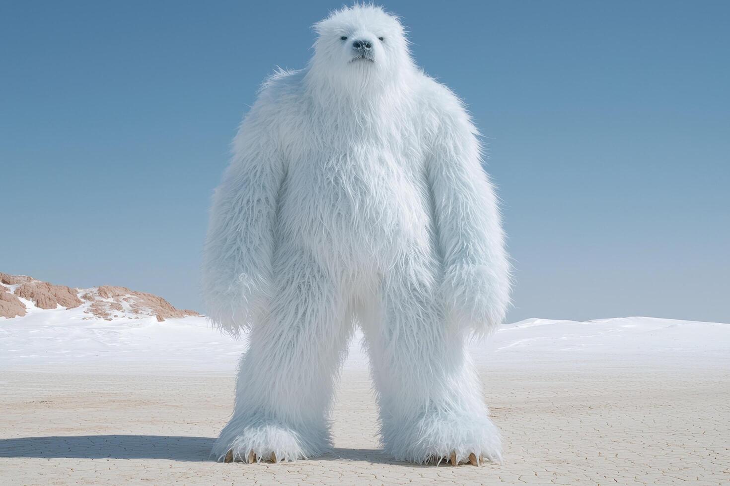 Fluffy white yeti like creature standing in snowy landscape photo
