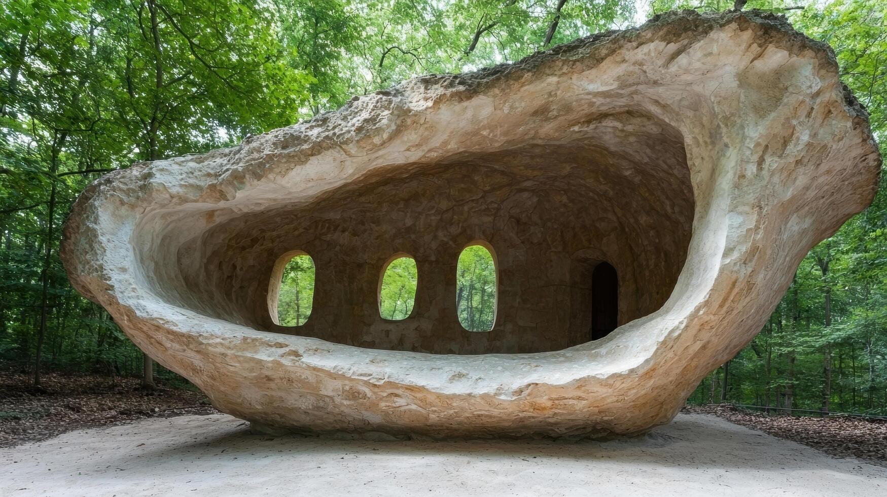 Unique rock formation in lush forest photo