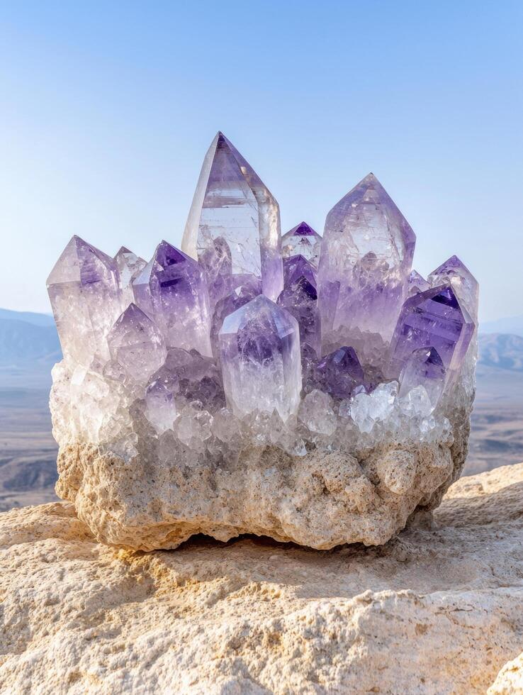 Stunning amethyst crystal cluster on rocky surface photo