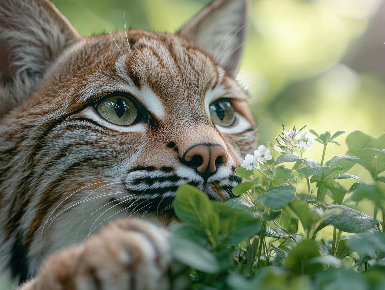 Curious cat peeking through flowers photo