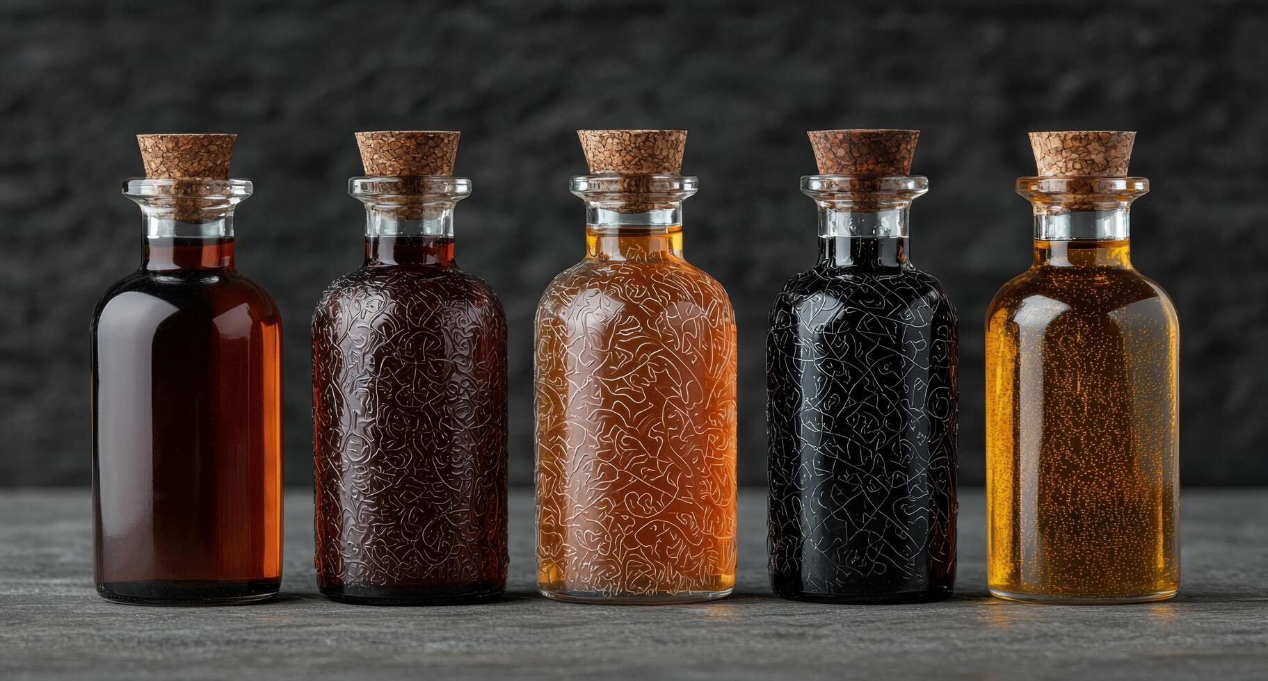 Assortment of glass bottles with decorative patterns photo