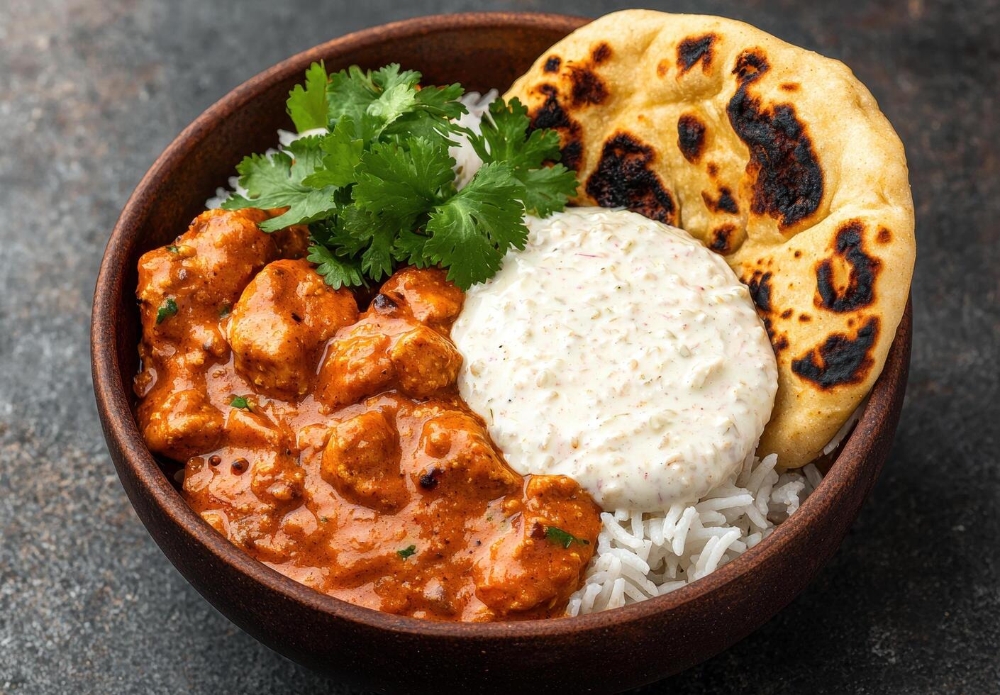 Delicious Indian curry dish with rice and naan bread photo