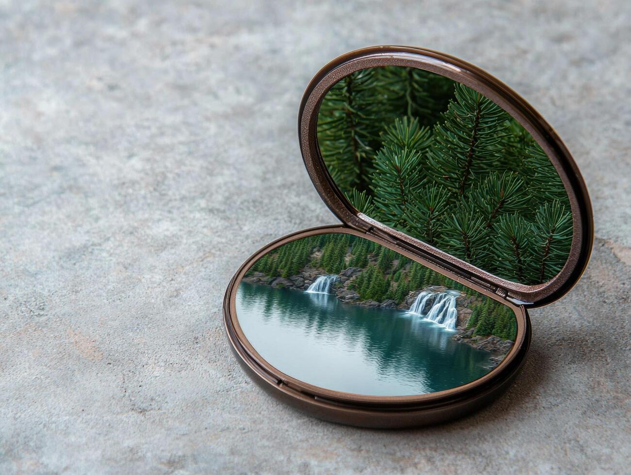 Serene mountain lake reflected in compact mirror photo