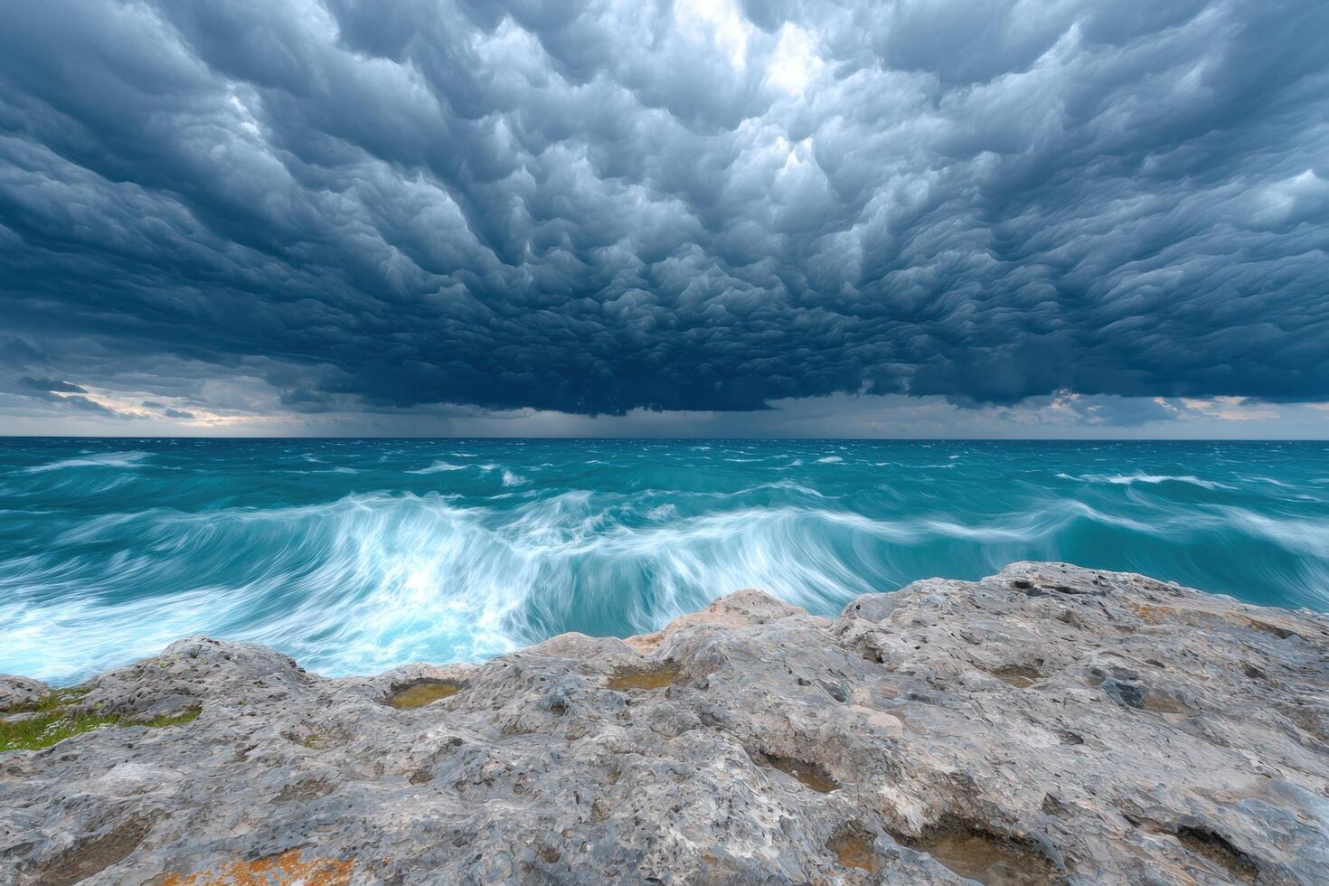 Dramatic stormy seascape with crashing waves and dark clouds photo