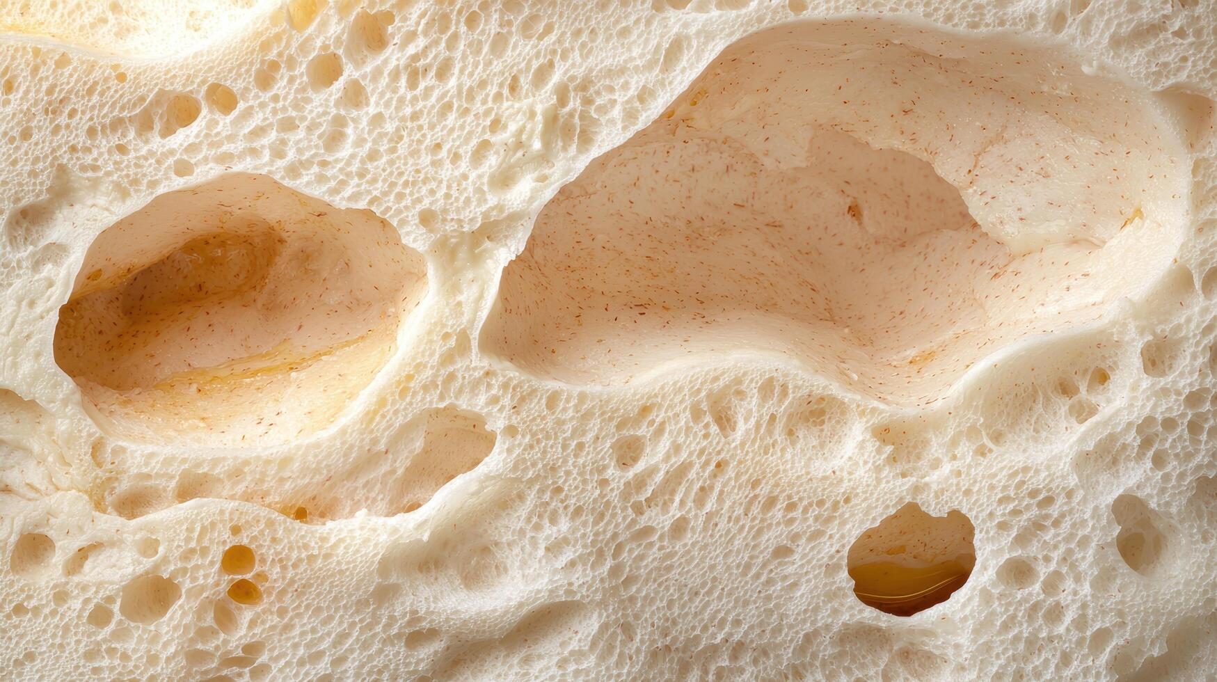 Closeup of freshly baked bread crust with air pockets photo