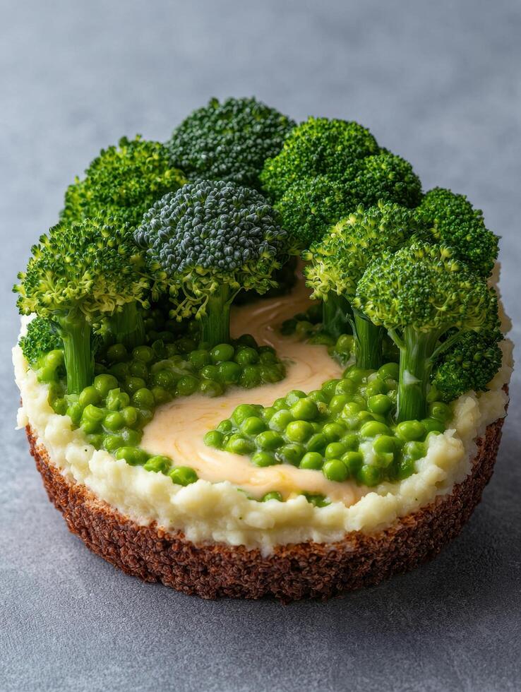 Delicious vegetable dish with broccoli, peas, and mashed potatoes photo