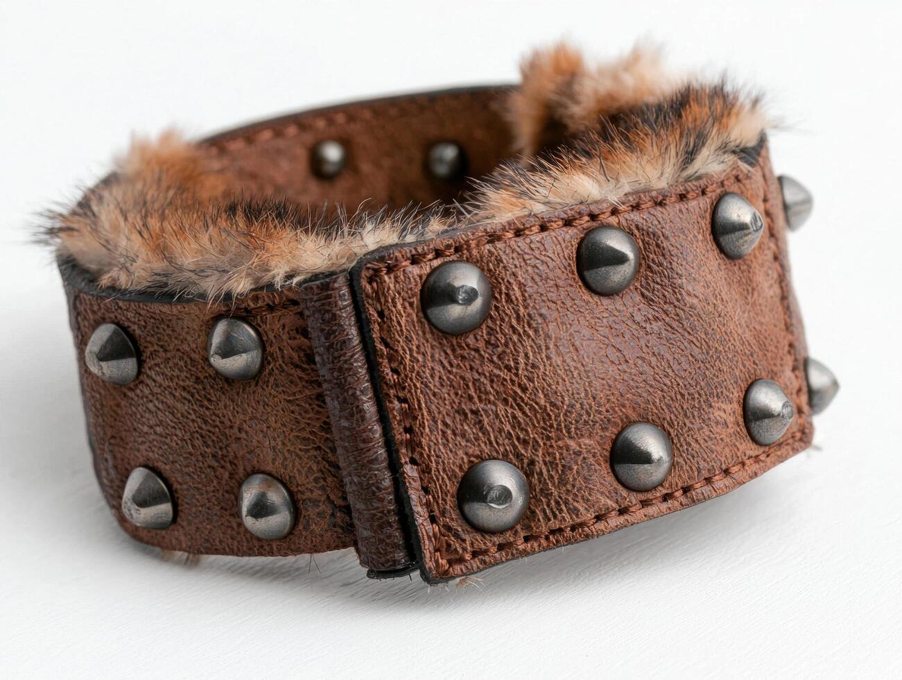 Studded leather bracelet with fur trim photo