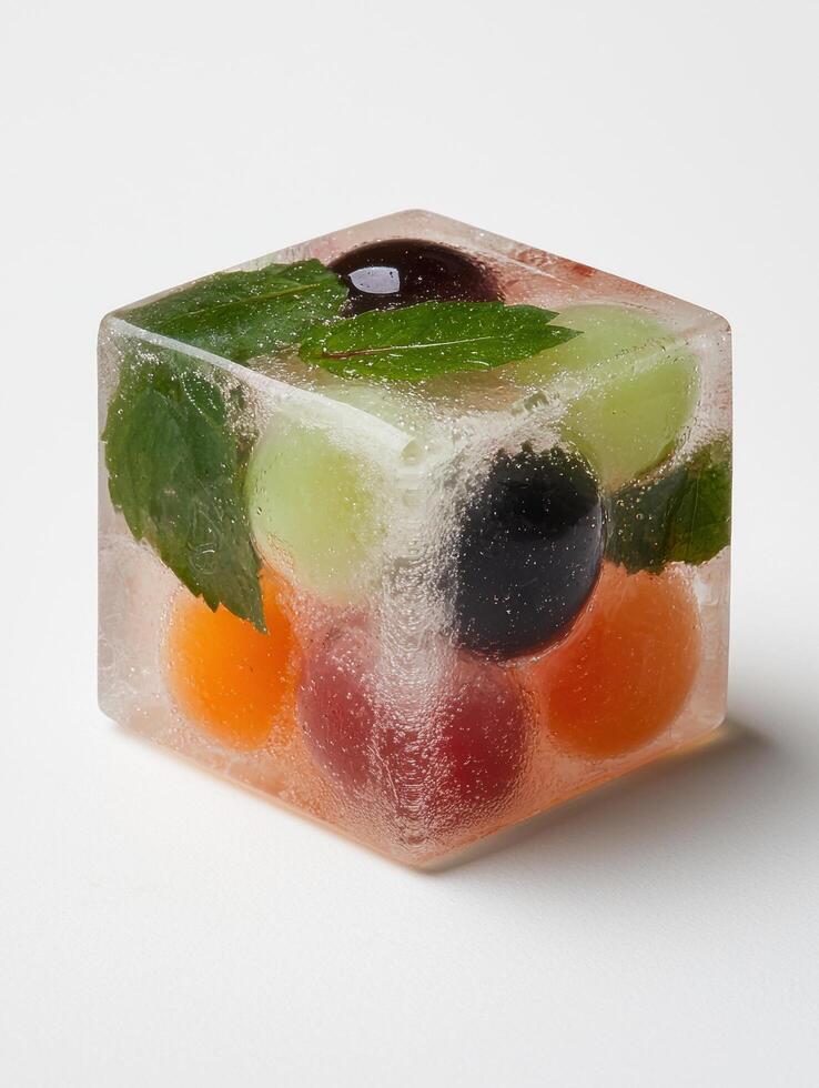 Colorful frozen fruit cube with leaves photo