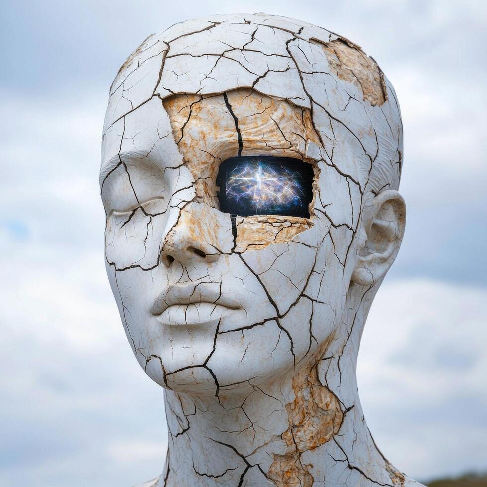 cracked head with glowing brain inside photo