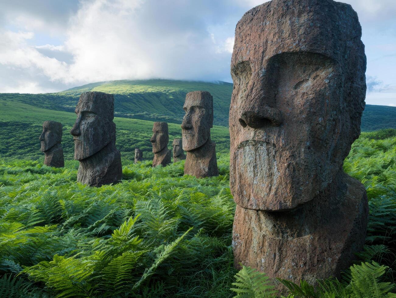 mysterious moai statues in lush green landscape photo
