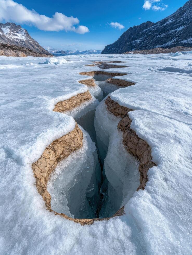 Frozen landscape with crevasse in ice field photo