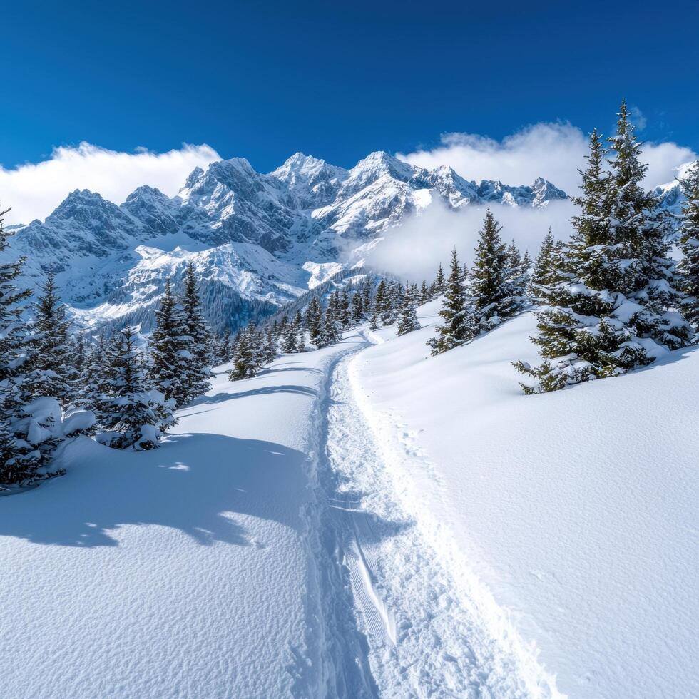 Snowy mountain landscape with ski trail photo