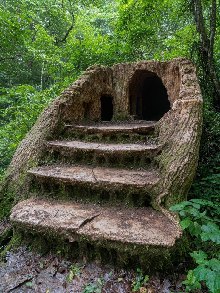 Mysterious stone staircase in lush forest photo