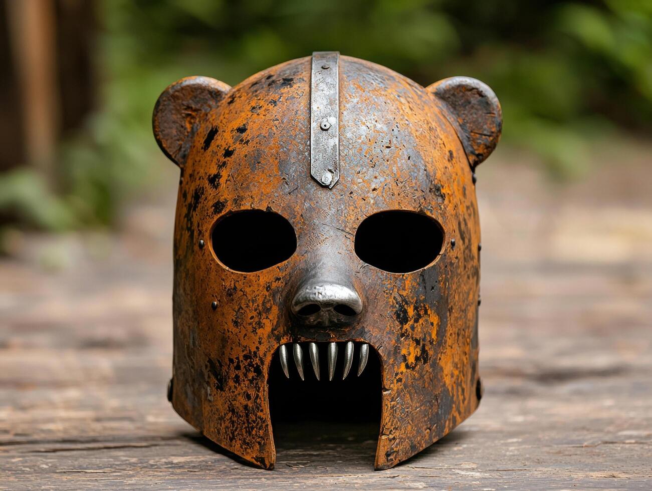 Rusty and worn medieval style helmet with horns and sharp teeth photo