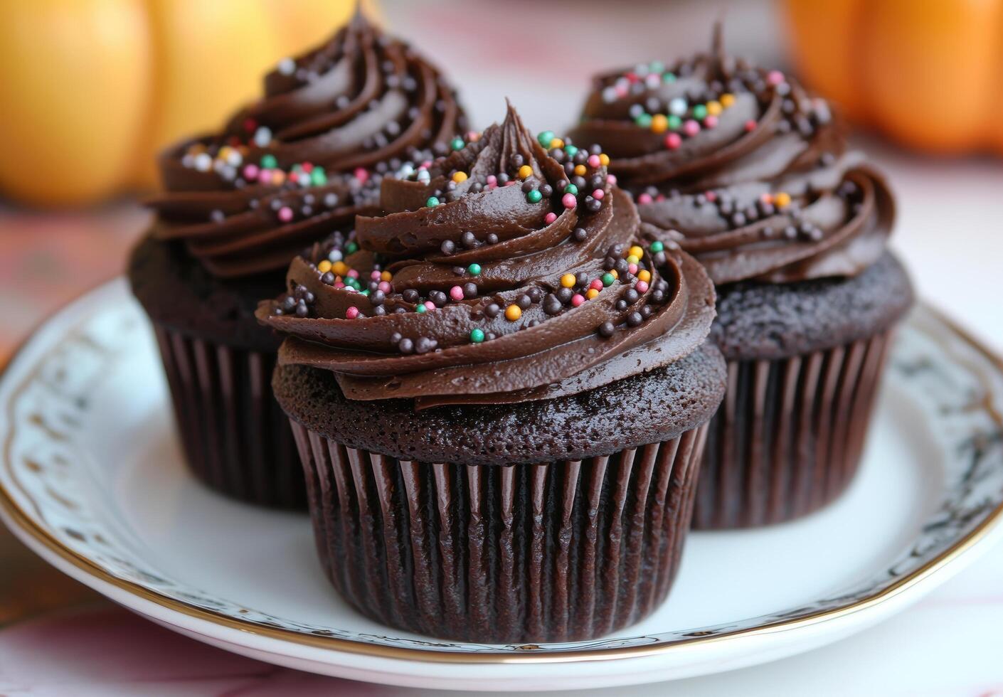 Delicious chocolate cupcakes with colorful sprinkles photo