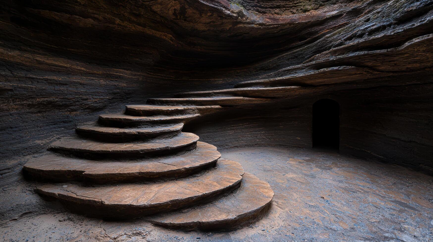 Mysterious staircase in dark cave photo