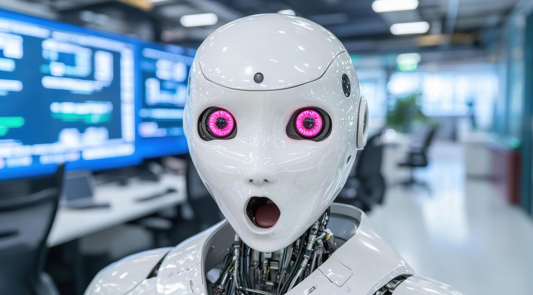 Surprised robot with glowing eyes in futuristic office environment photo