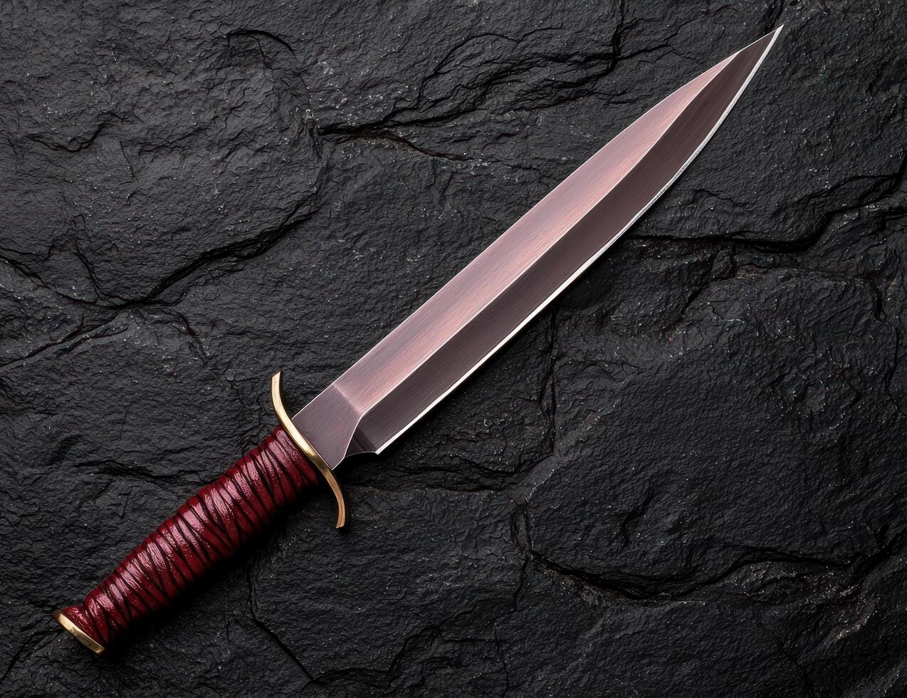 Shiny dagger with red leather handle on dark background photo