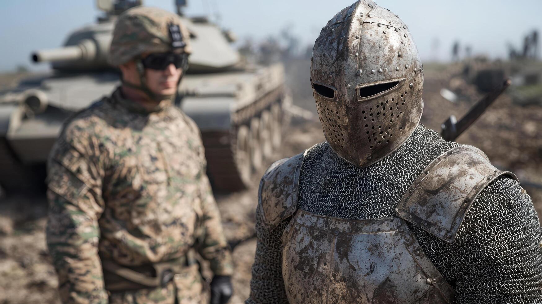 soldier in military uniform and armored knight photo