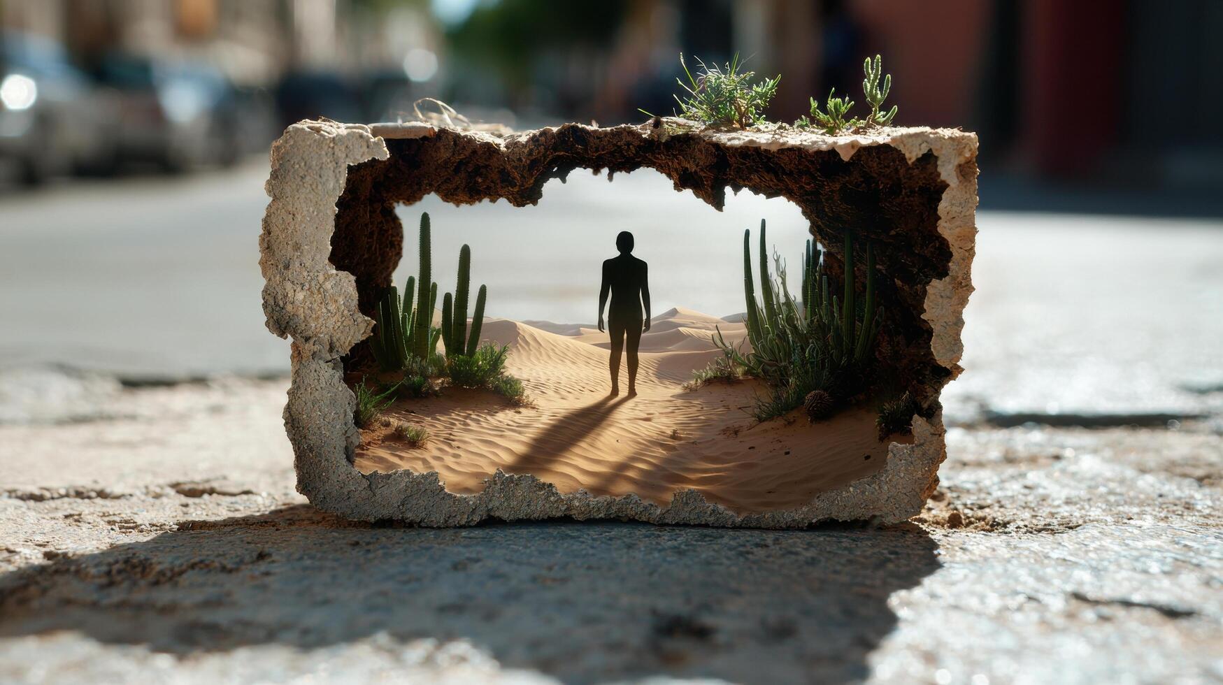 surreal desert landscape with silhouette figure photo