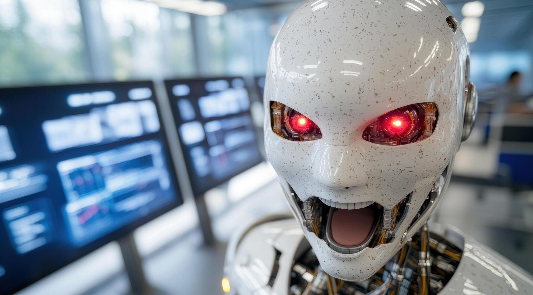 Futuristic robot with glowing red eyes photo