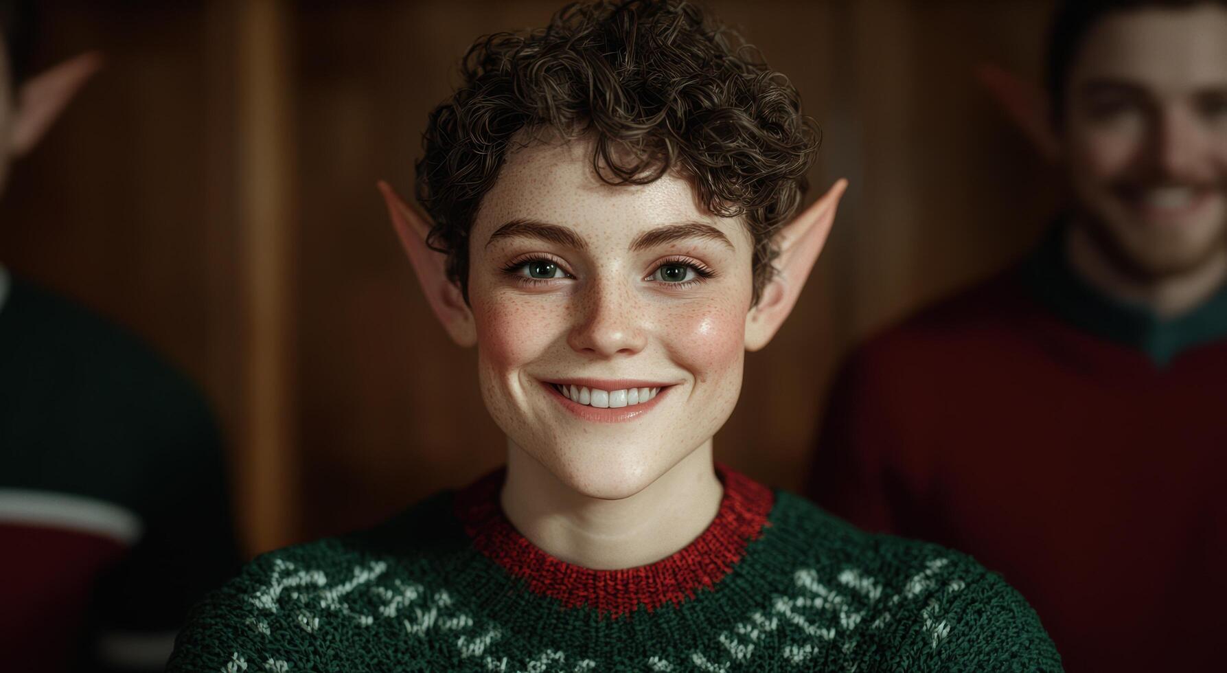 smiling young person with curly hair wearing festive sweater photo