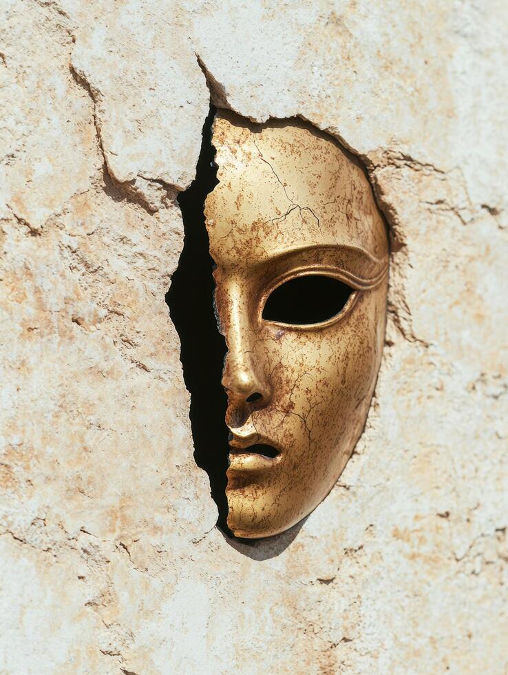 Cracked golden mask against textured background photo