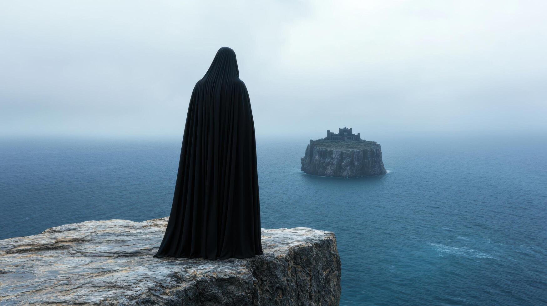 mysterious figure overlooking a castle on a cliff photo