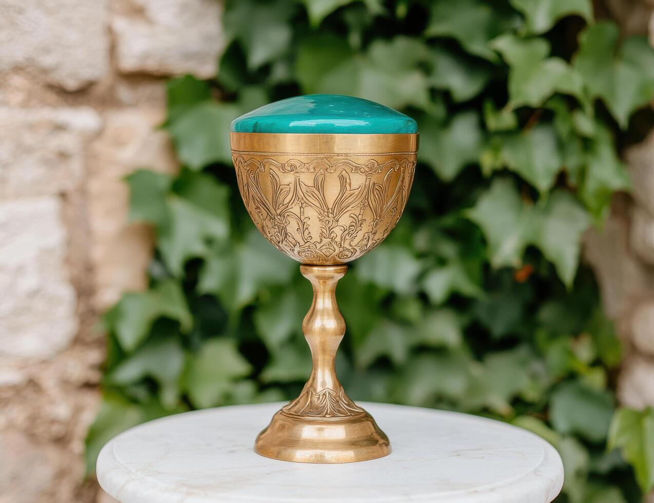 Ornate golden chalice with turquoise lid photo