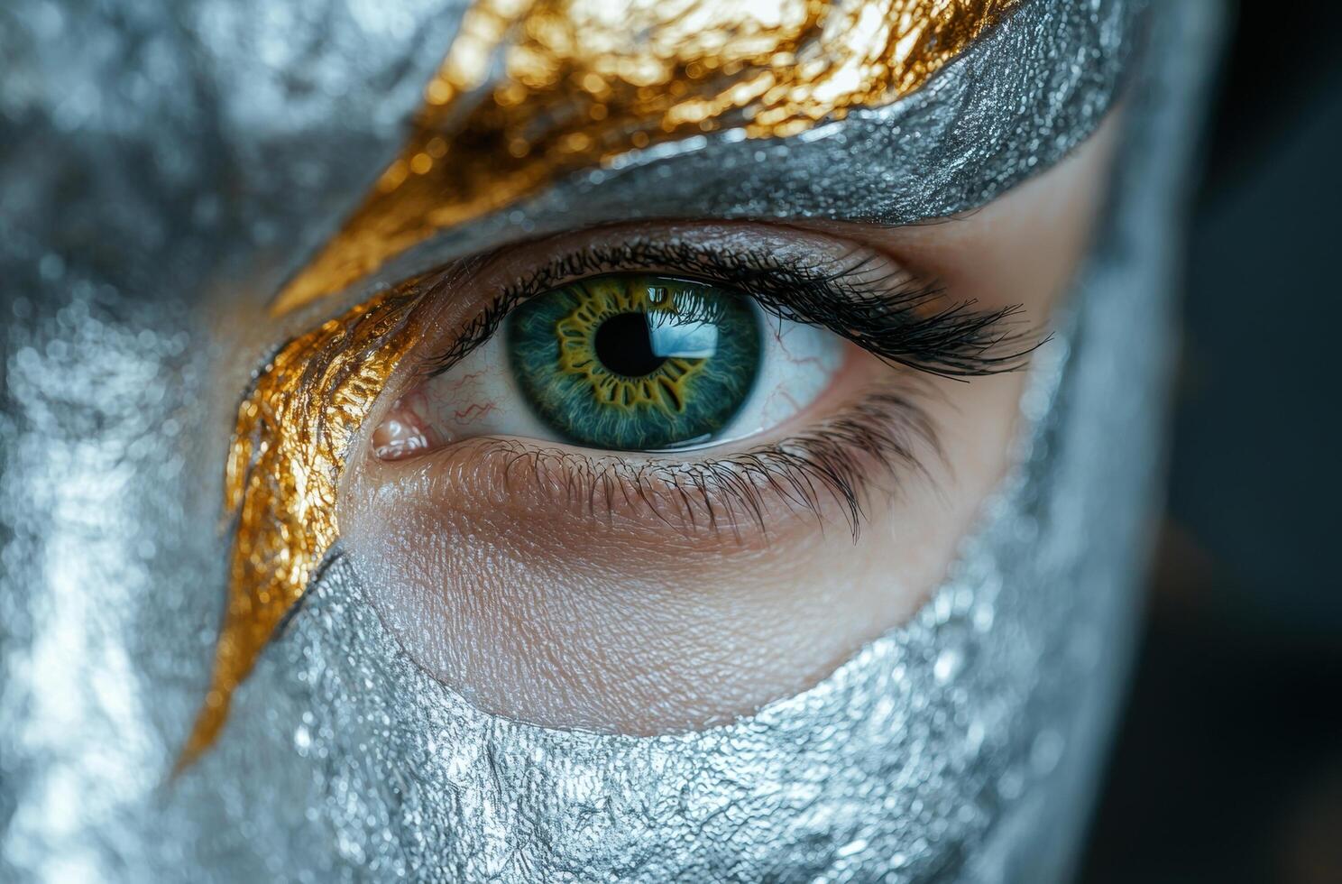 Stunning close up of a vibrant green eye surrounded by icy blue and golden accents photo