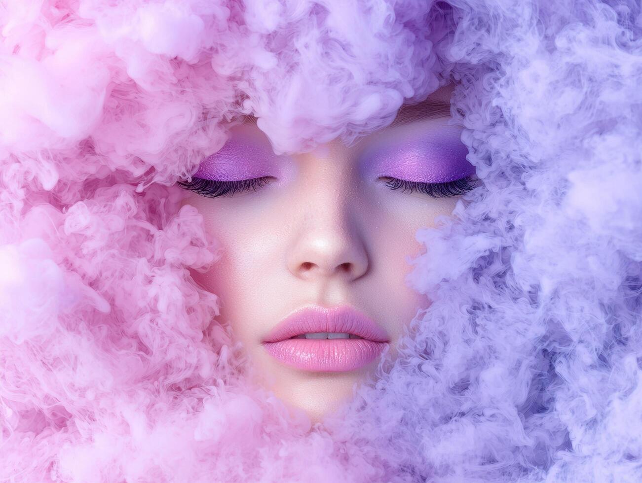 Dreamy portrait of a person with closed eyes surrounded by pink and purple smoke photo