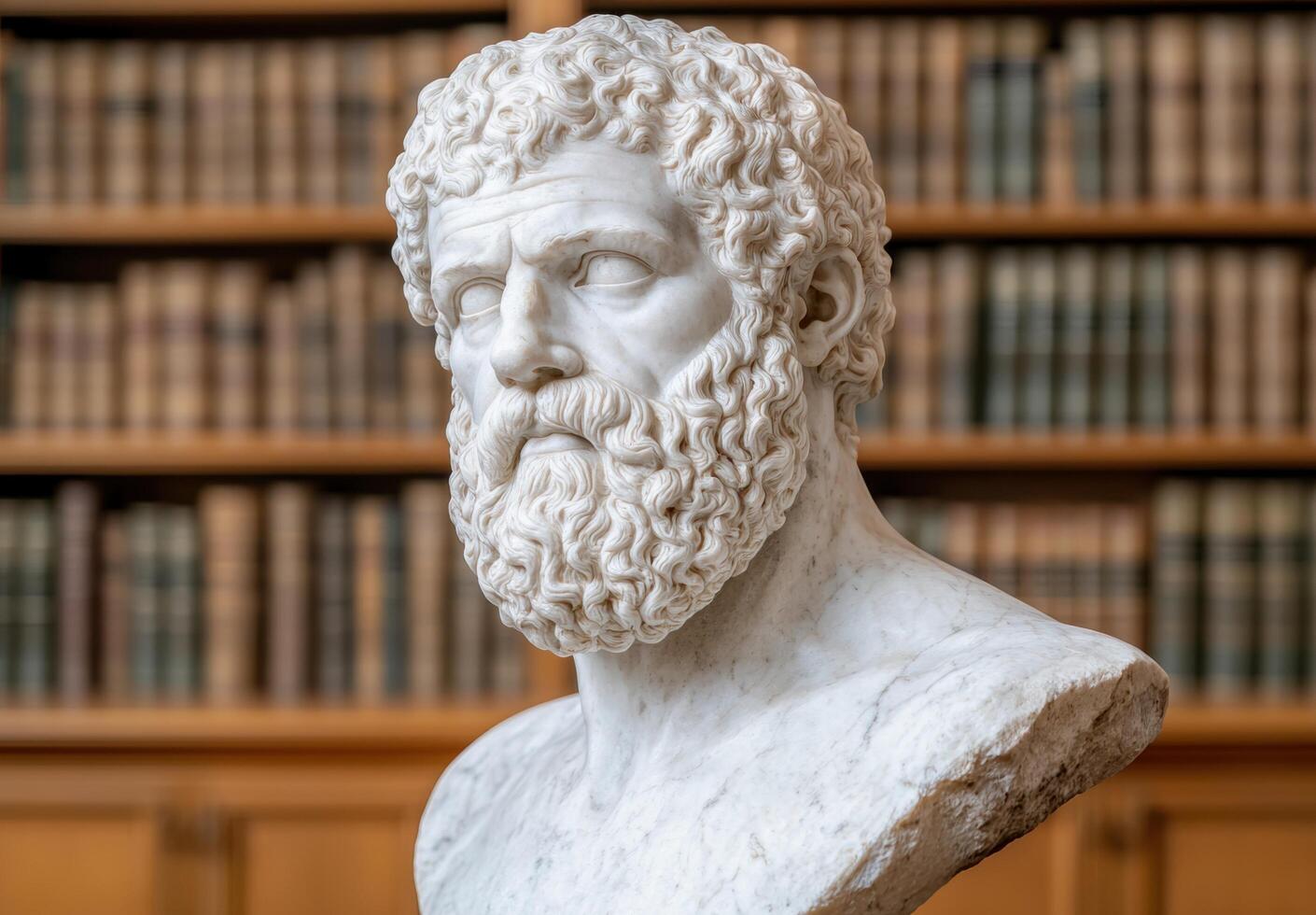 Marble bust of a bearded man in a library photo