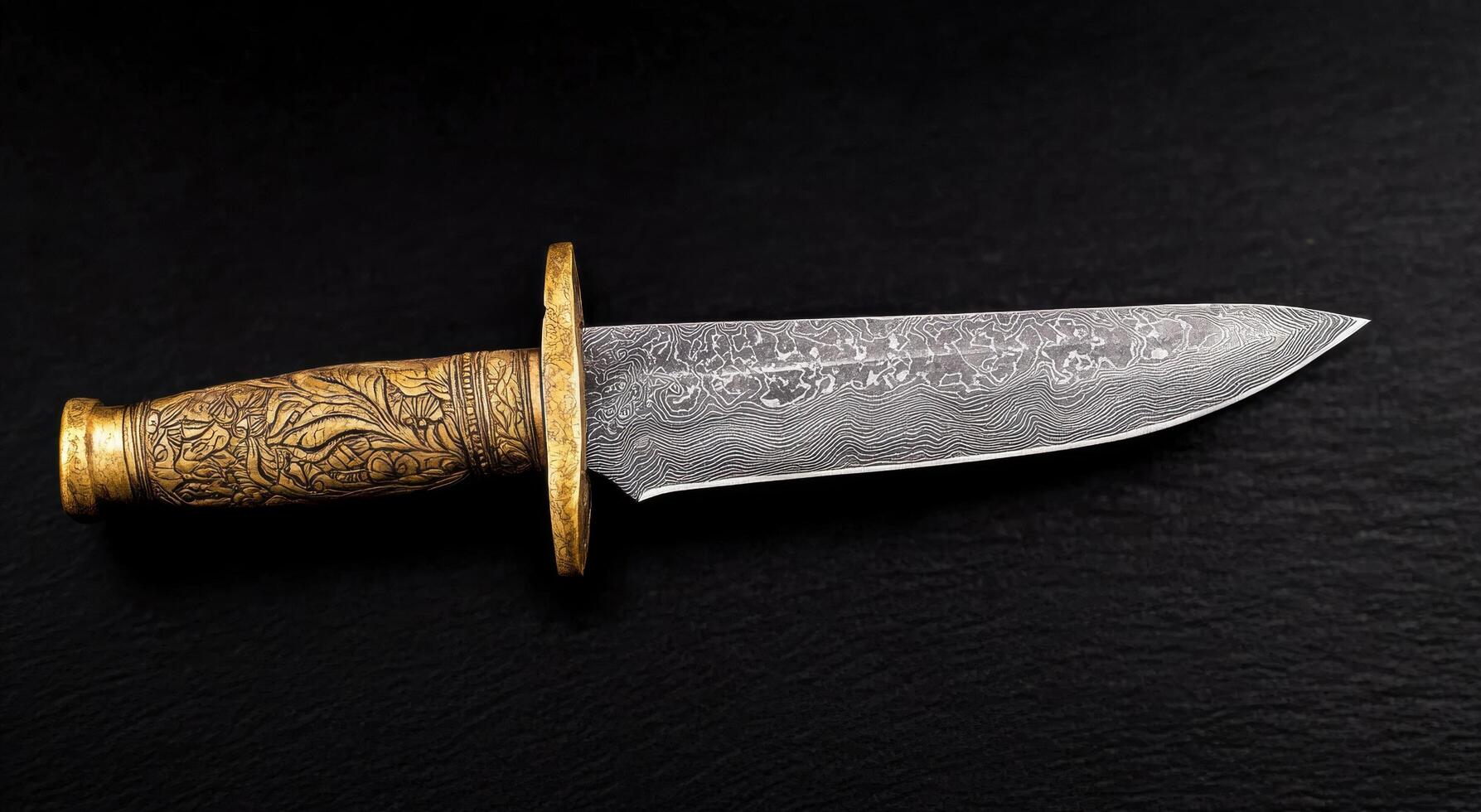 Ornate golden and damascus steel dagger on black background photo