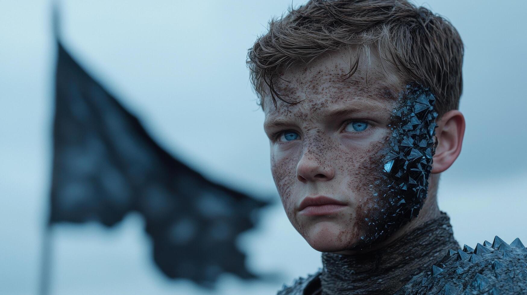 Mysterious young man with blue eyes and freckles in winter landscape photo