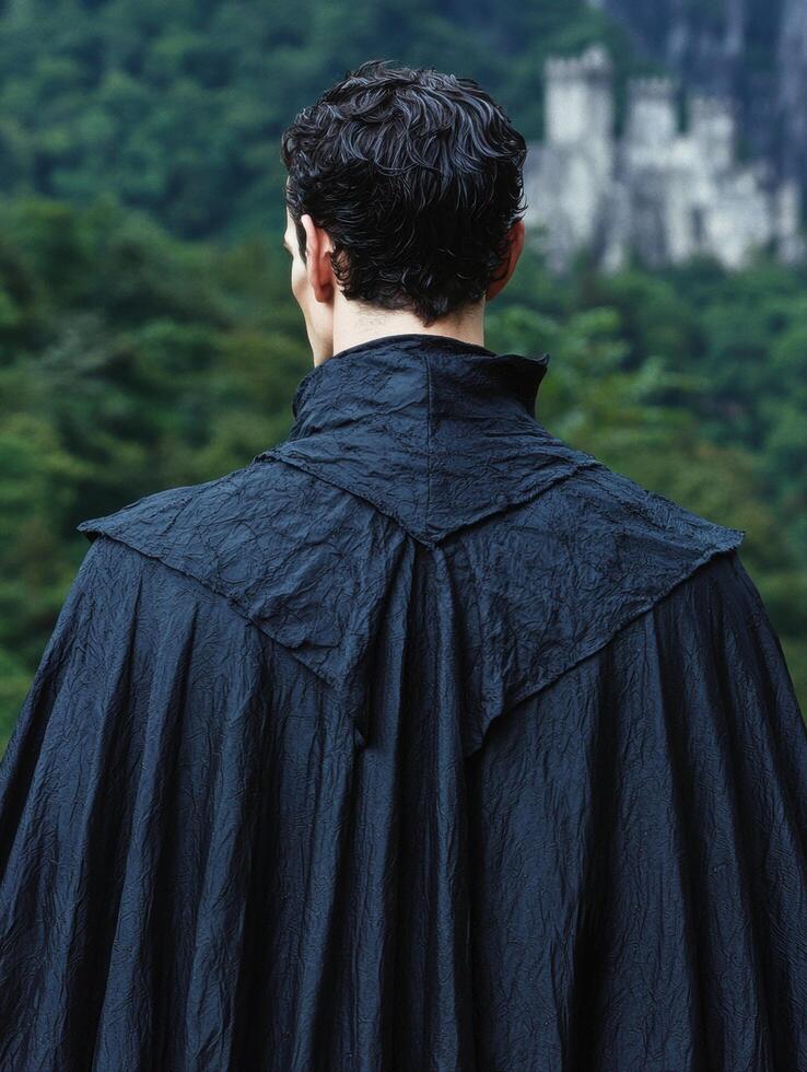 Man in dark hooded cloak standing in forest photo