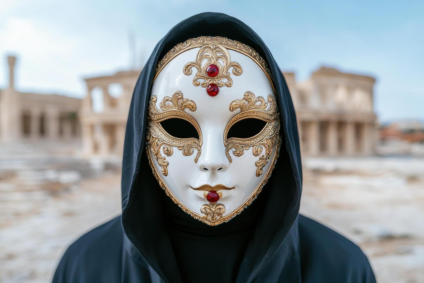 Ornate venetian mask in front of historic buildings photo