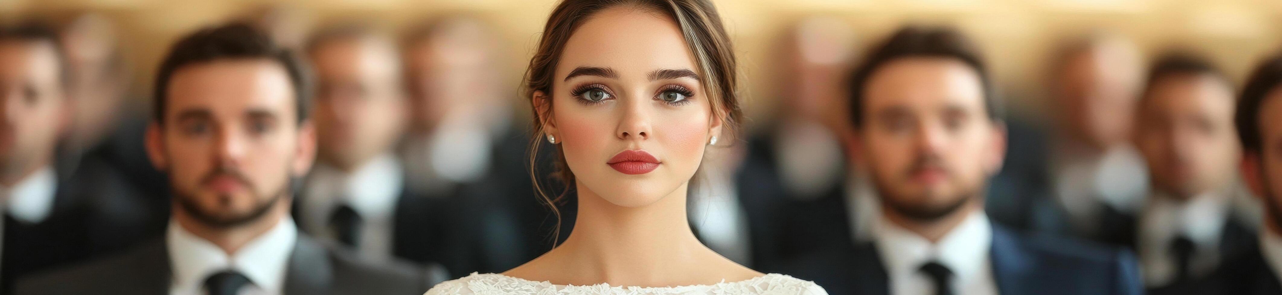 elegant woman in formal attire posing in front of men photo
