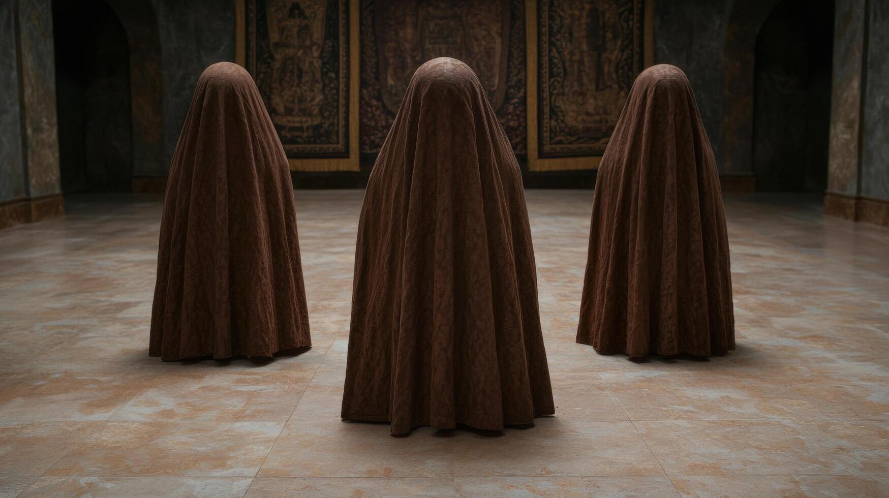 mysterious hooded figures in a dark ornate room photo