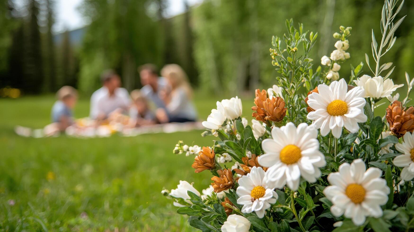 family picnicking in a lush green park photo