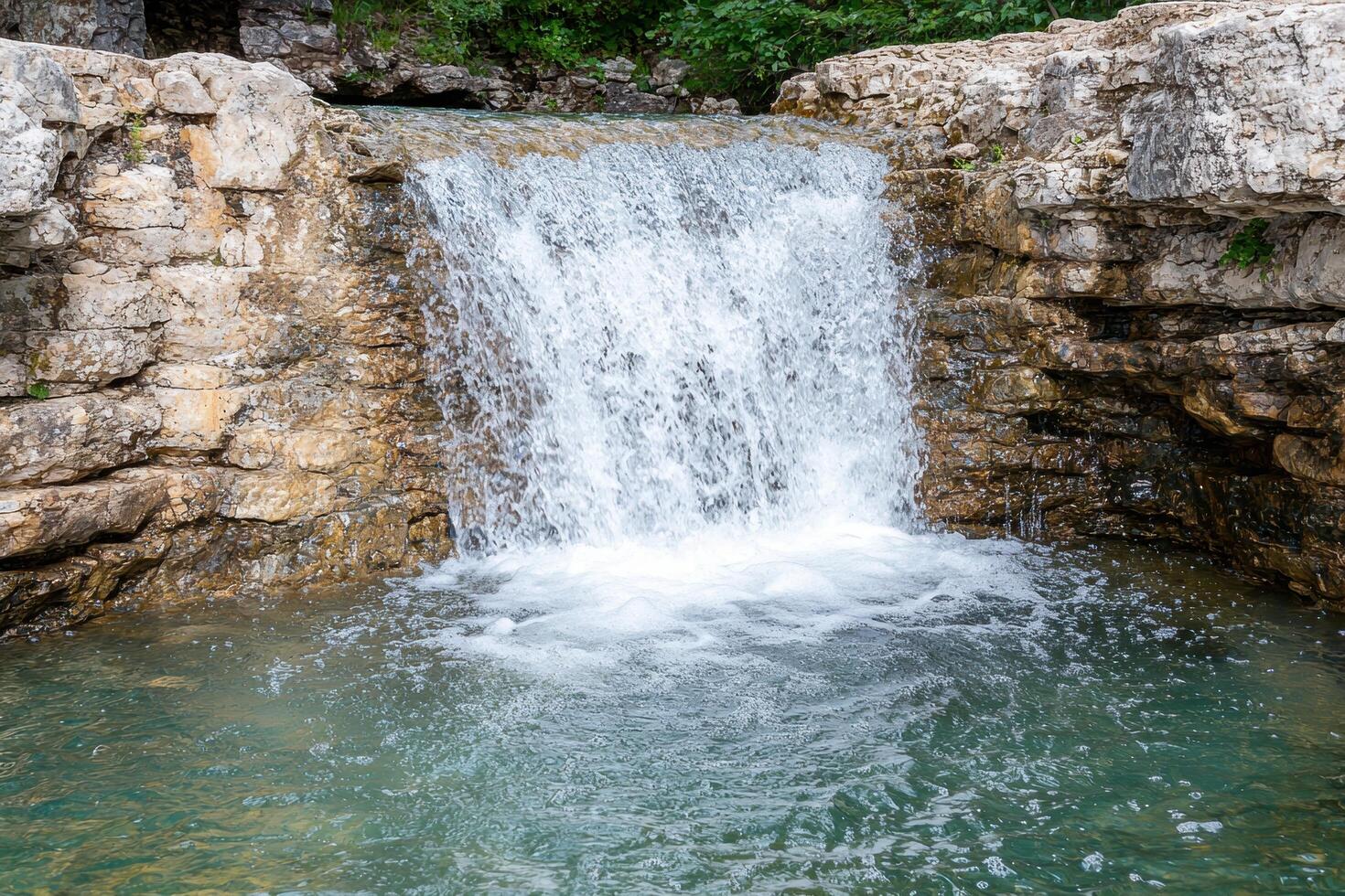 Cascading waterfall flowing through rocky landscape photo