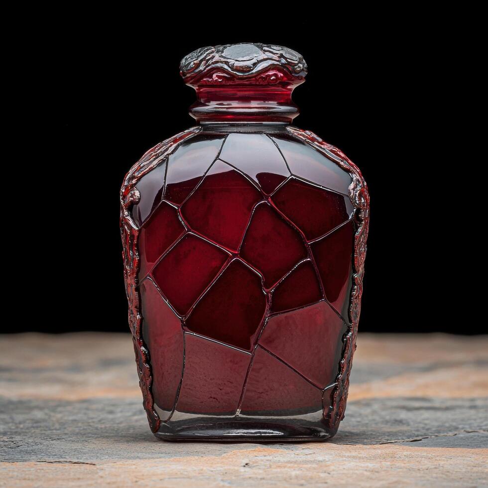 Ornate red glass bottle with intricate pattern photo