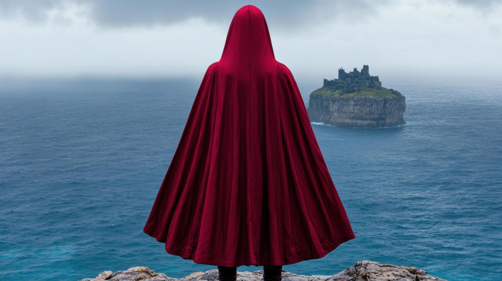 mysterious figure in red cloak overlooking castle on cliff photo